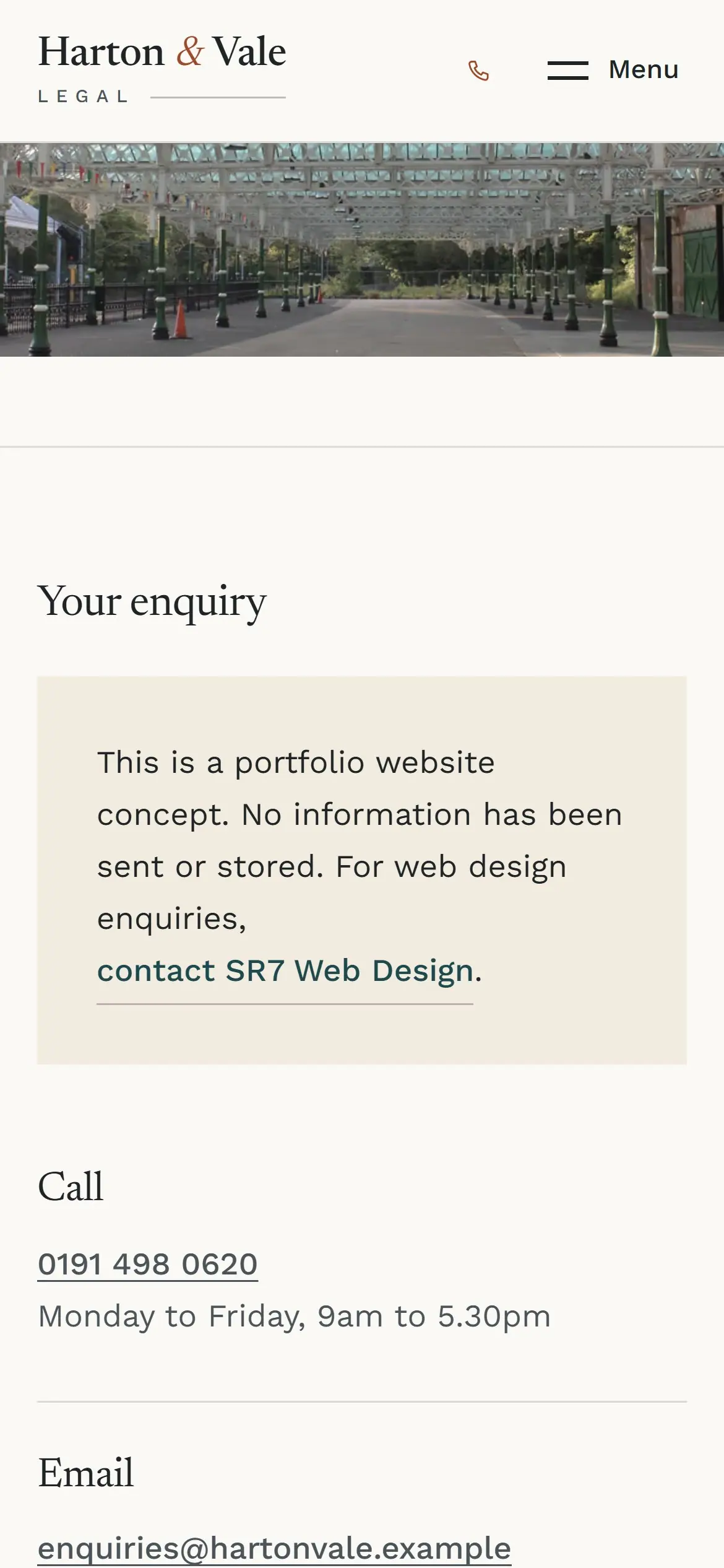 The Harton & Vale contact page on a phone after pressing submit, showing a short message that this is a portfolio website and no information has been sent or stored