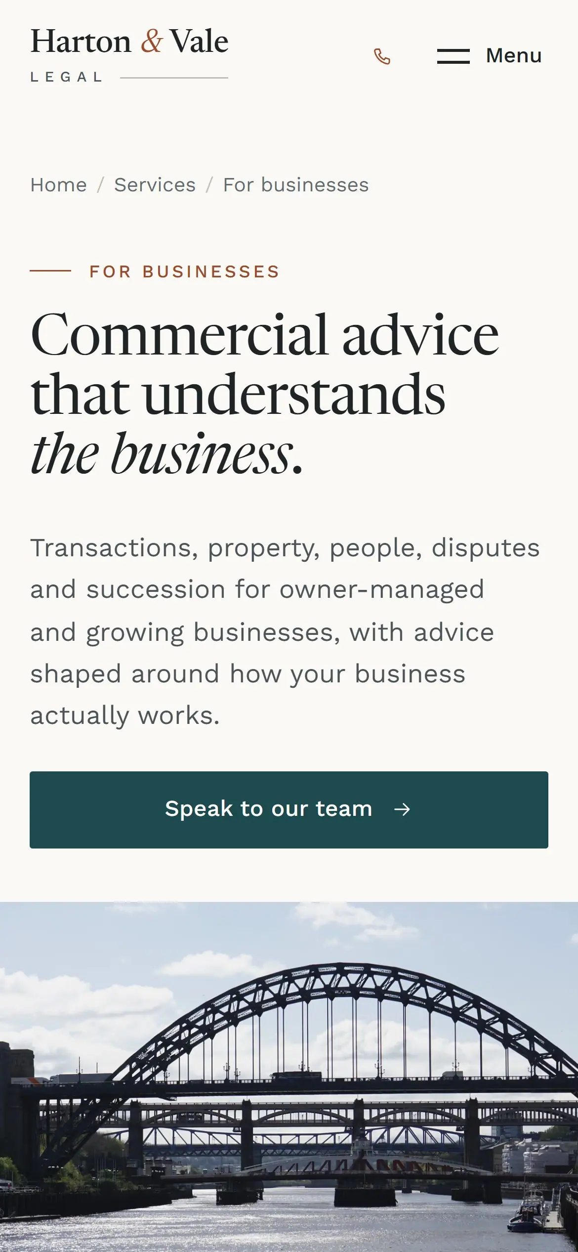 The For businesses page on a phone, with a serif headline, a Speak to our team button and a Tyne Bridge photograph cropped for the narrow screen