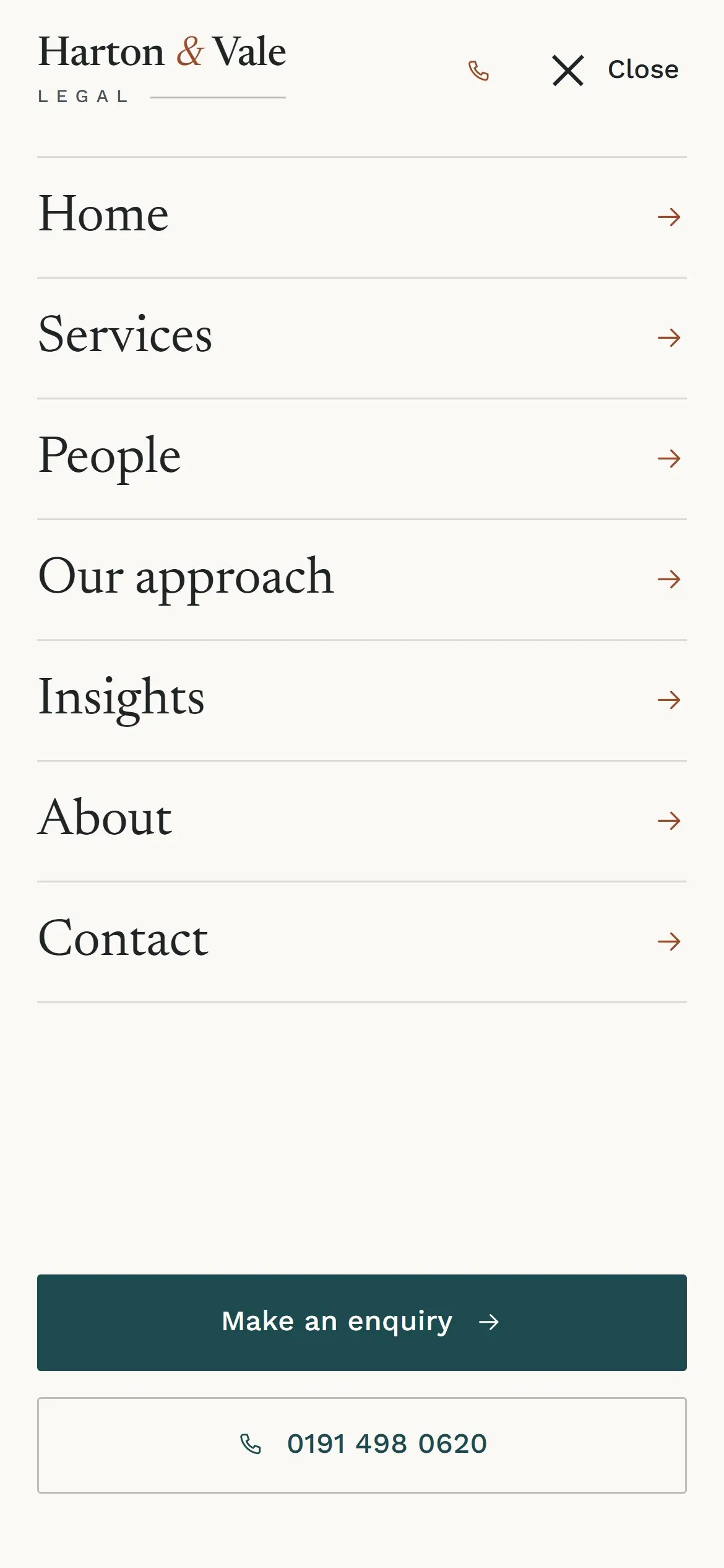 The Harton & Vale mobile menu, with large serif links and enquiry and call buttons at the foot