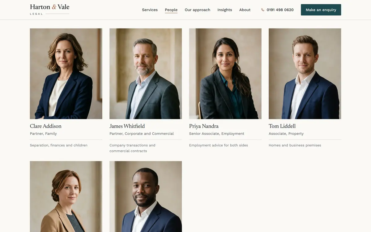 The Harton & Vale people page: a grid of consistent studio portraits with each lawyer’s name, role and focus