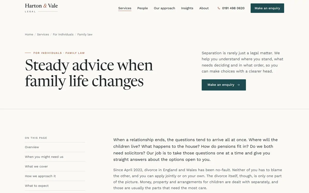 A Harton & Vale family law practice area page with a large serif heading, an introduction, an enquiry button and an on-page contents list