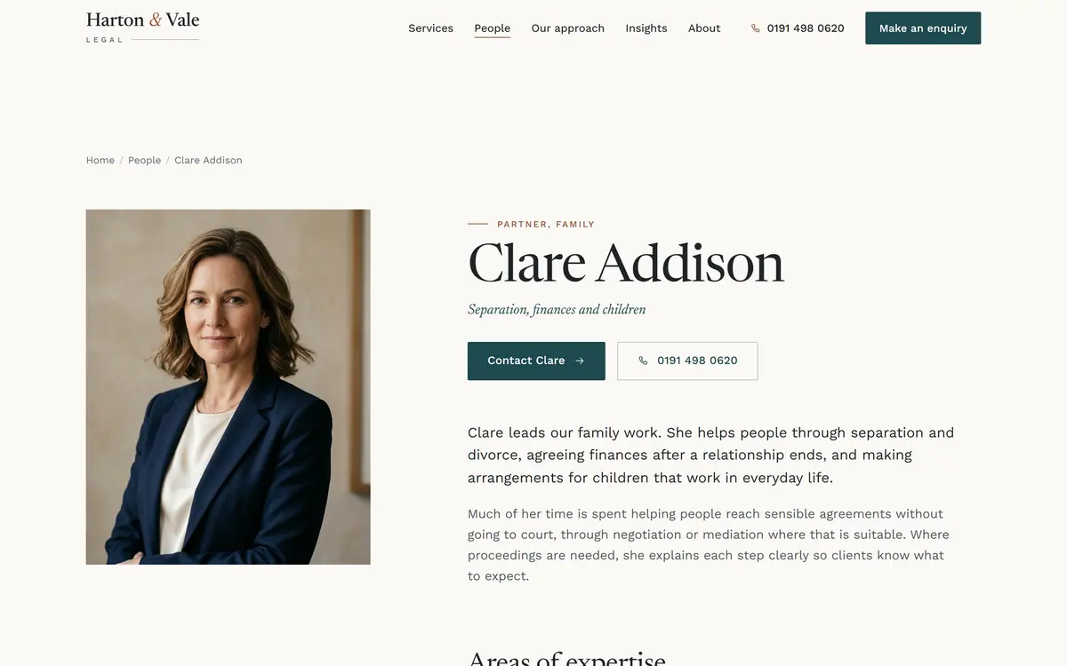 A Harton & Vale Legal people profile: a portrait of a family partner beside her name, role, contact buttons and a short plain-English biography