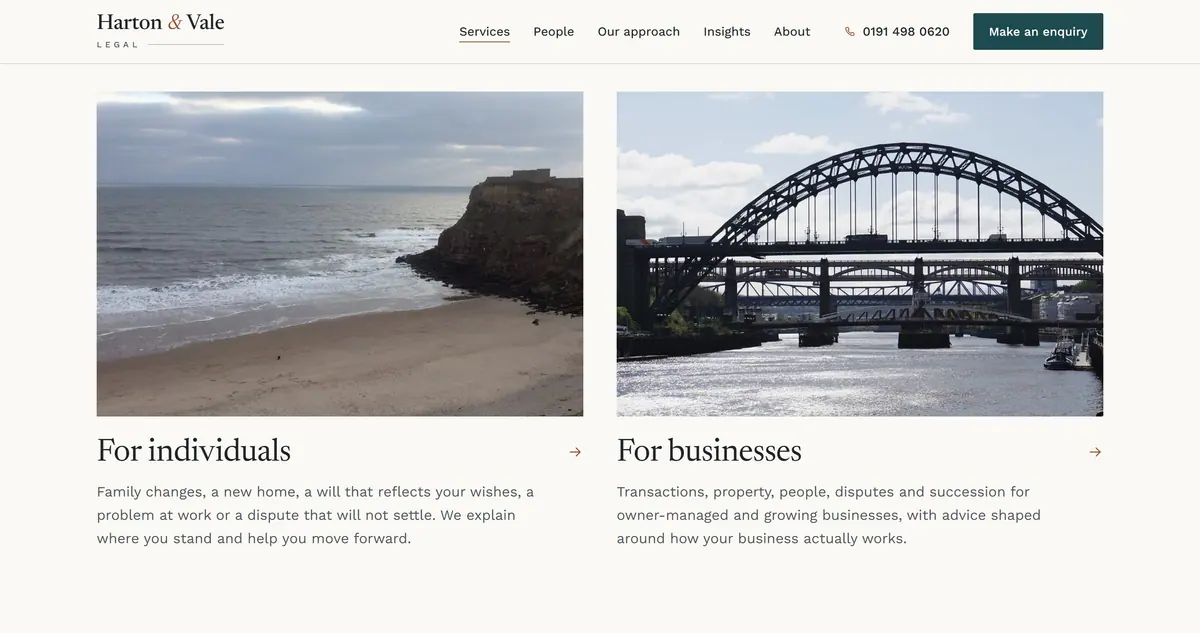 The Harton & Vale services overview, with a For individuals card showing King Edward’s Bay and a For businesses card showing the Tyne Bridge