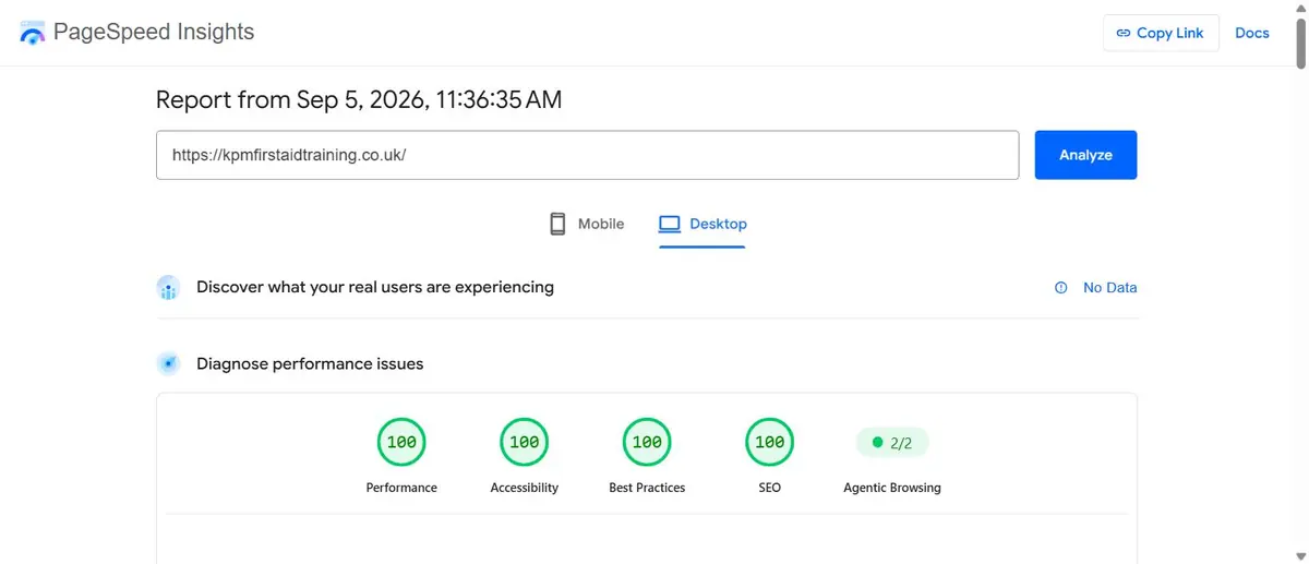Google PageSpeed report for the new KPM site on desktop