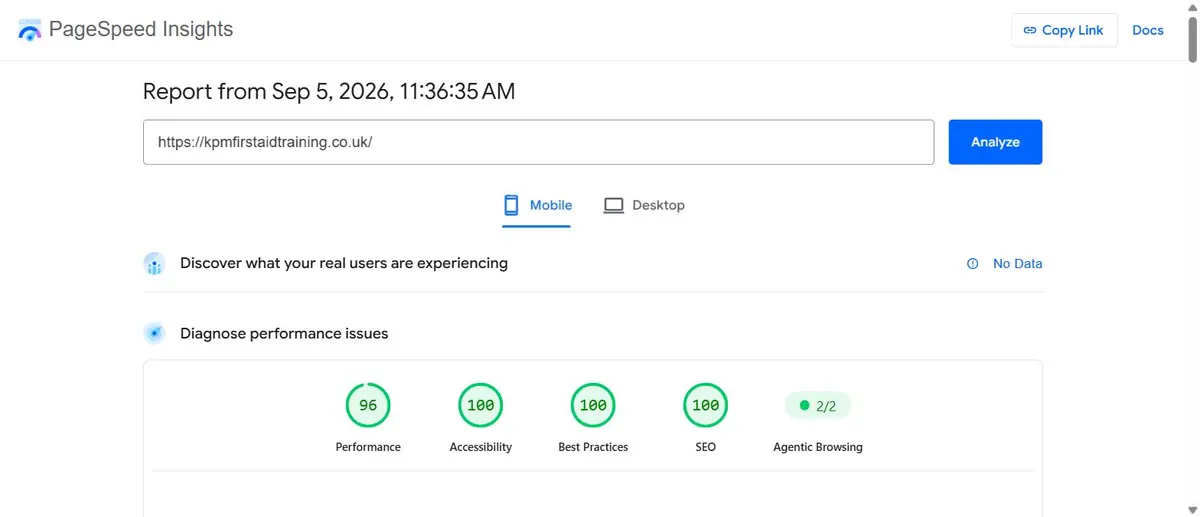 Google PageSpeed report for the new KPM site on mobile