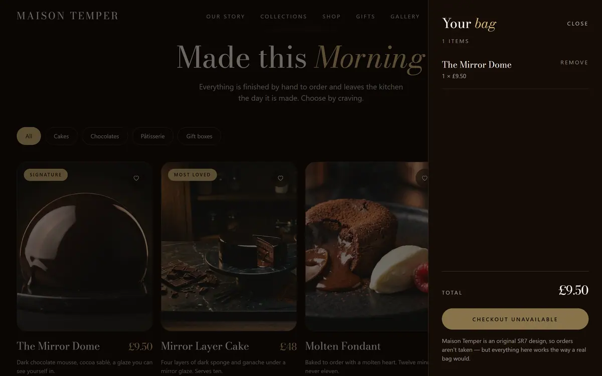 The Maison Temper bag panel open over the shop, holding The Mirror Dome, with a Checkout unavailable button and a note that orders aren’t taken