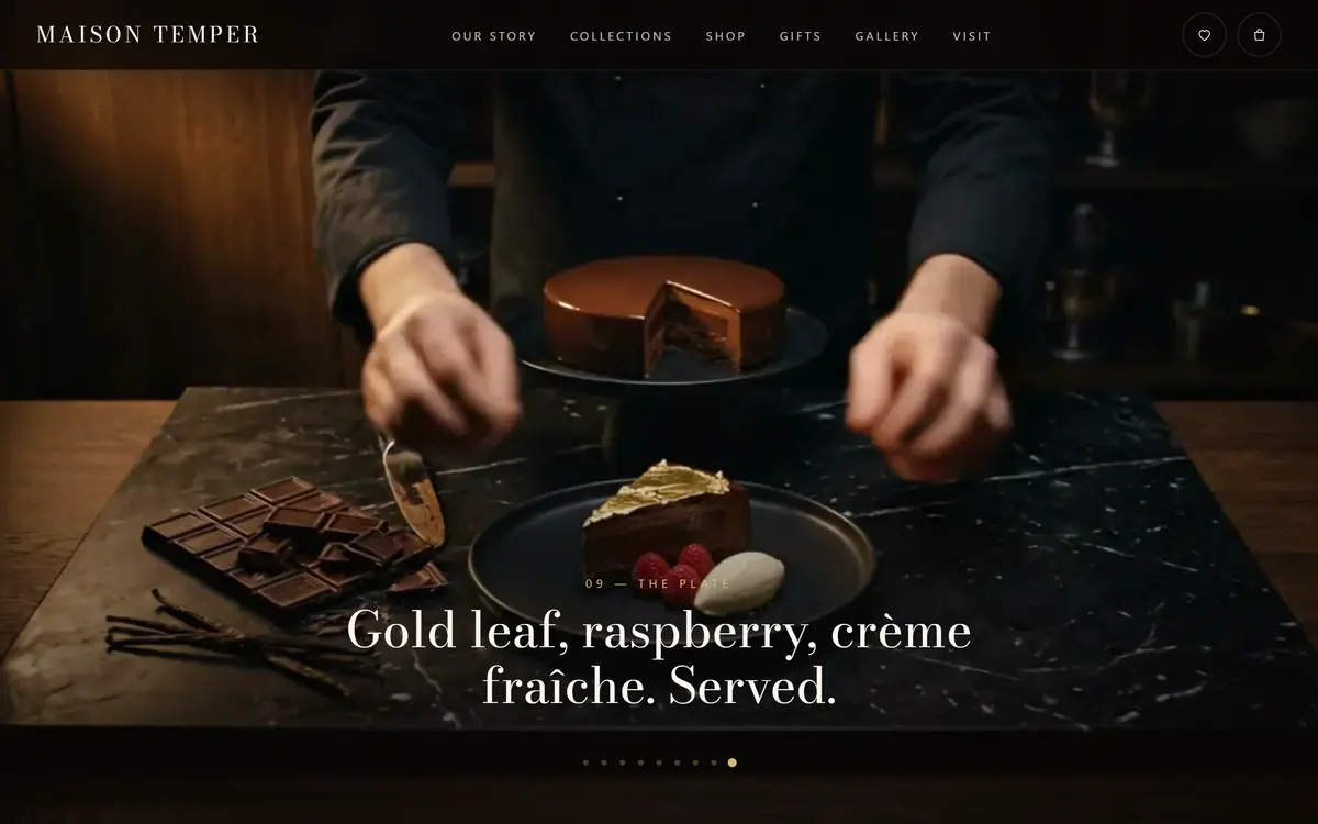 Chapter nine: a plated slice of chocolate cake with gold leaf, raspberries and crème fraîche, with the line Gold leaf, raspberry, crème fraîche. Served.