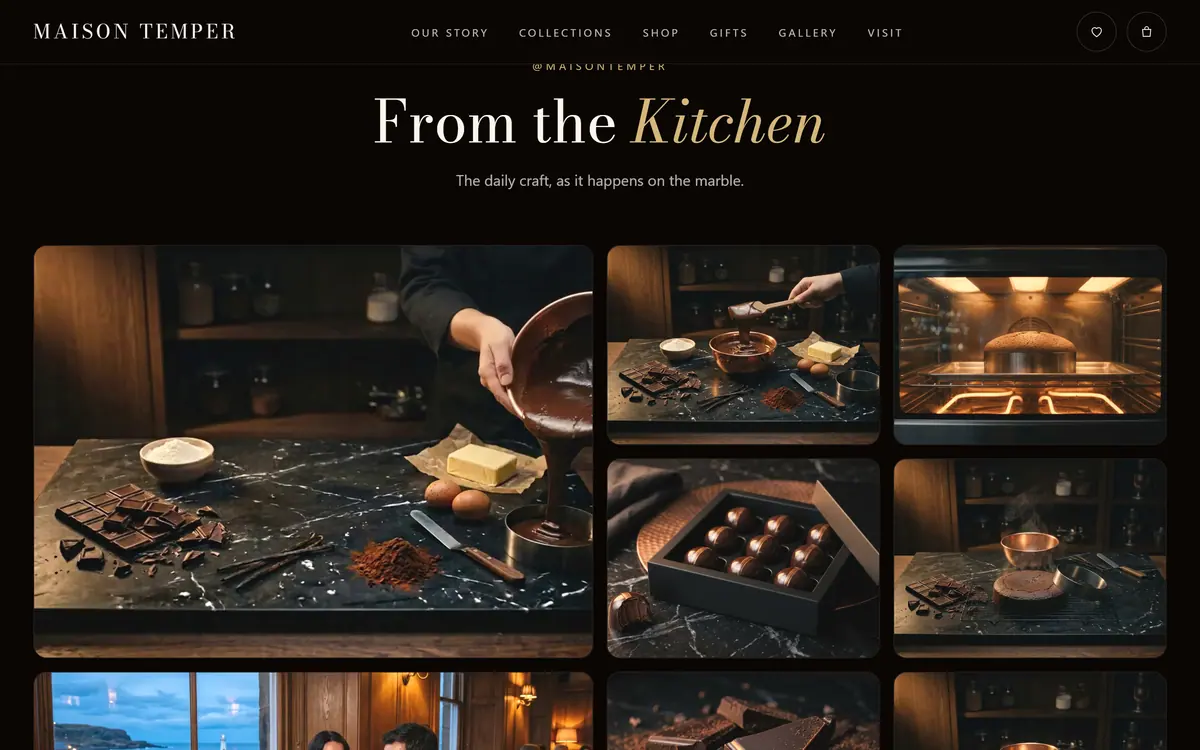 The Maison Temper kitchen gallery: a grid of photographs of chocolate work on a marble bench, an oven and boxed bonbons