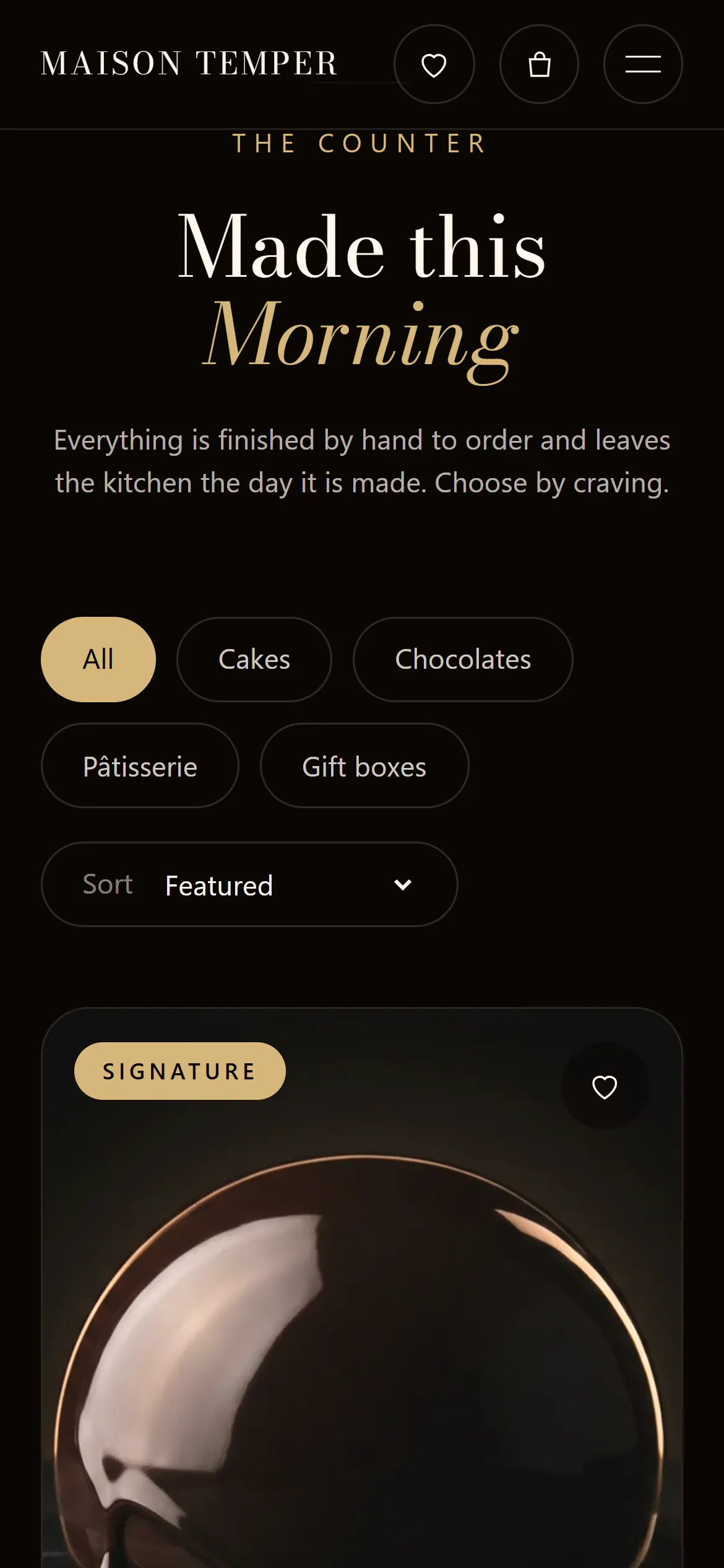 The Maison Temper shop on a phone, with filter chips, a sort menu and the first product card with its Signature badge