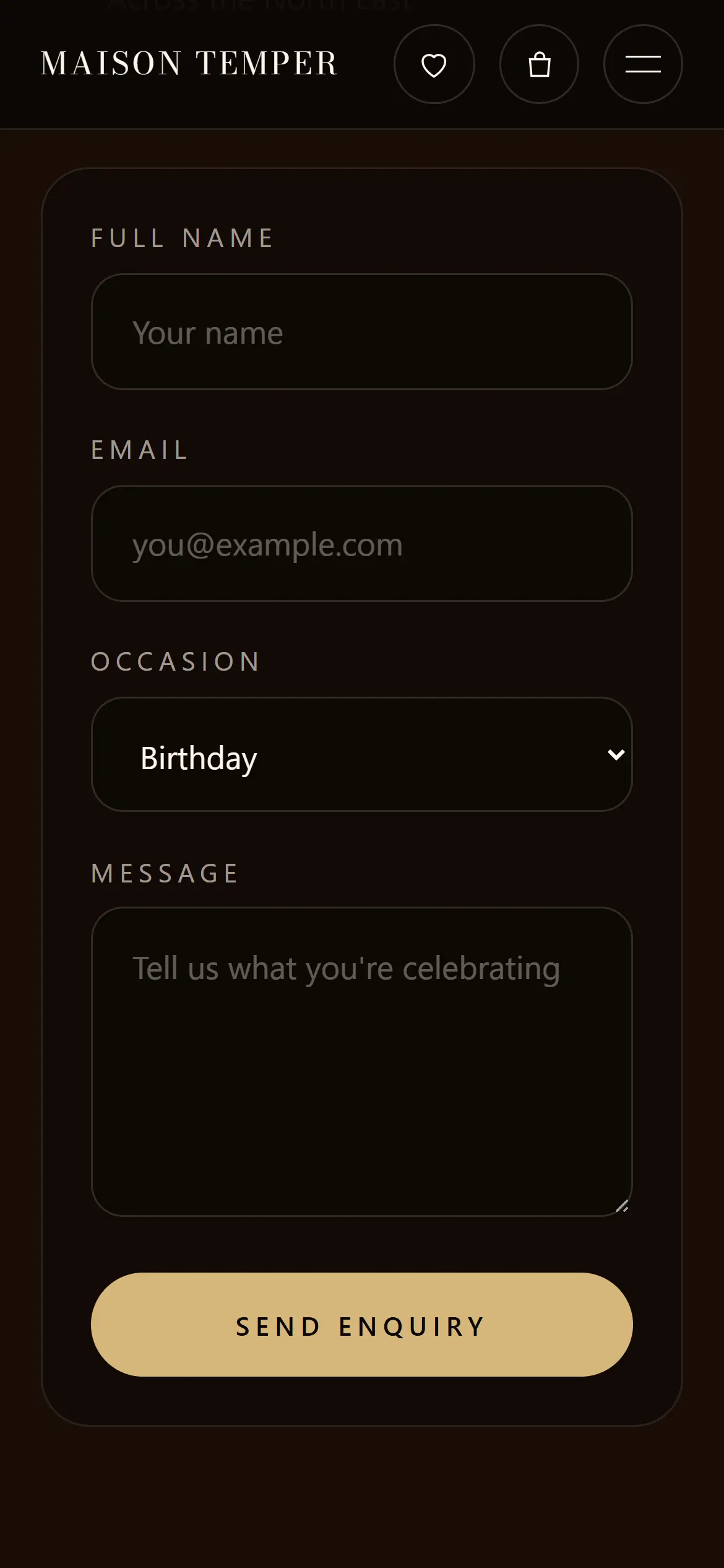 The Maison Temper enquiry form on a phone, with name, email, occasion and message fields and a Send enquiry button