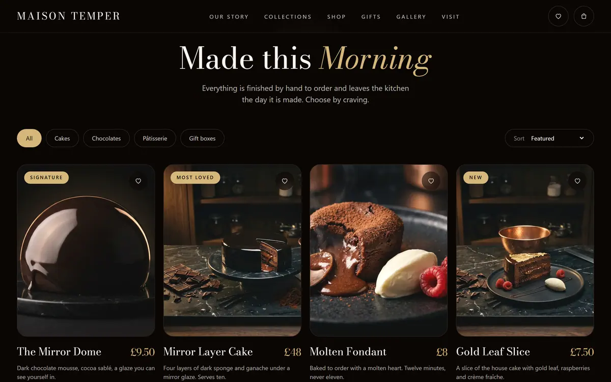 The Maison Temper shop section on a desktop screen: the heading Made this Morning, filters for cakes, chocolates, pâtisserie and gift boxes, a sort menu, and product cards with badges and prices