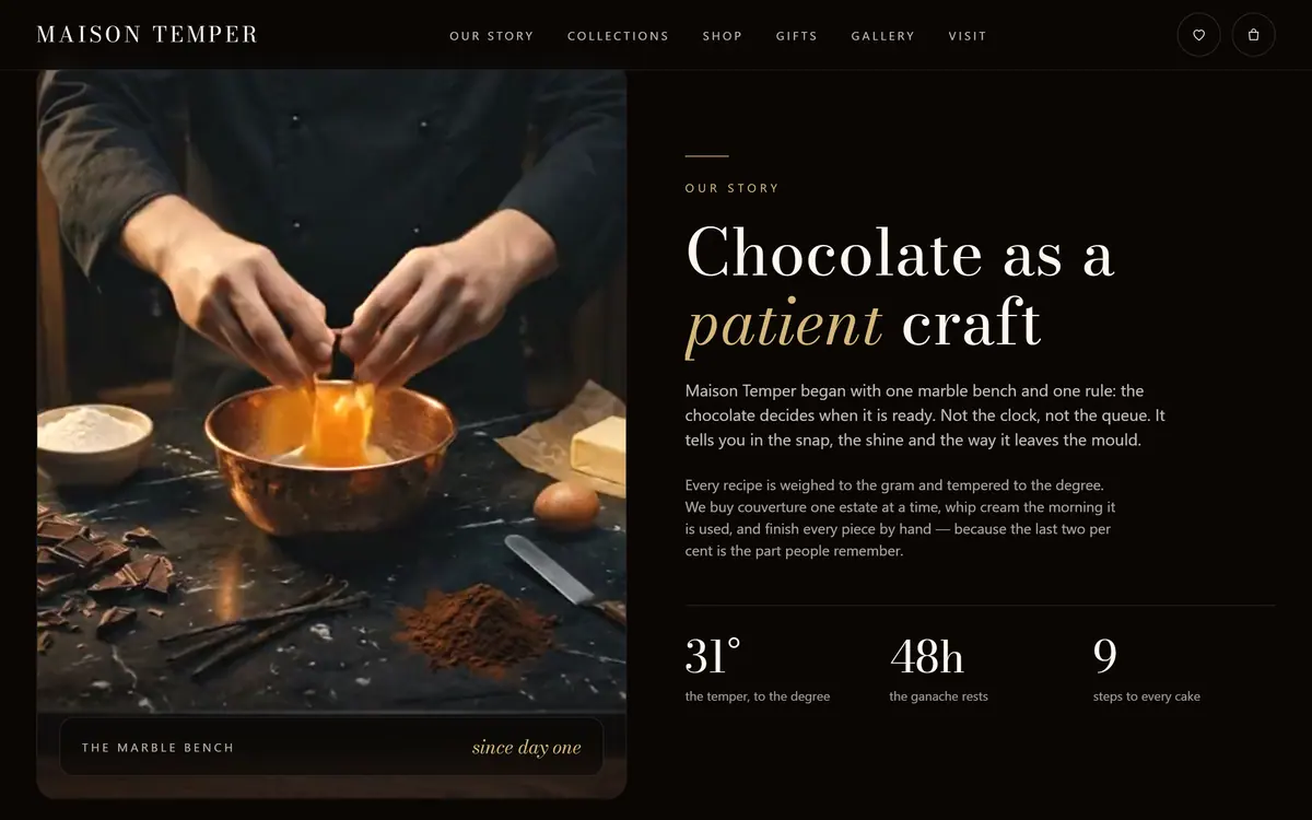 The Maison Temper story section: a copper bowl on marble beside the heading Chocolate as a patient craft, two paragraphs of story and three counted facts