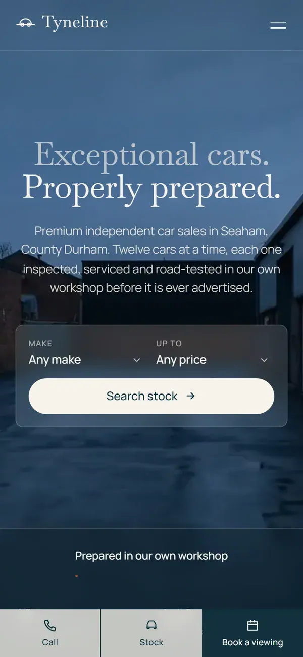 Tyneline homepage on a phone with the enquiry bar at the foot of the screen