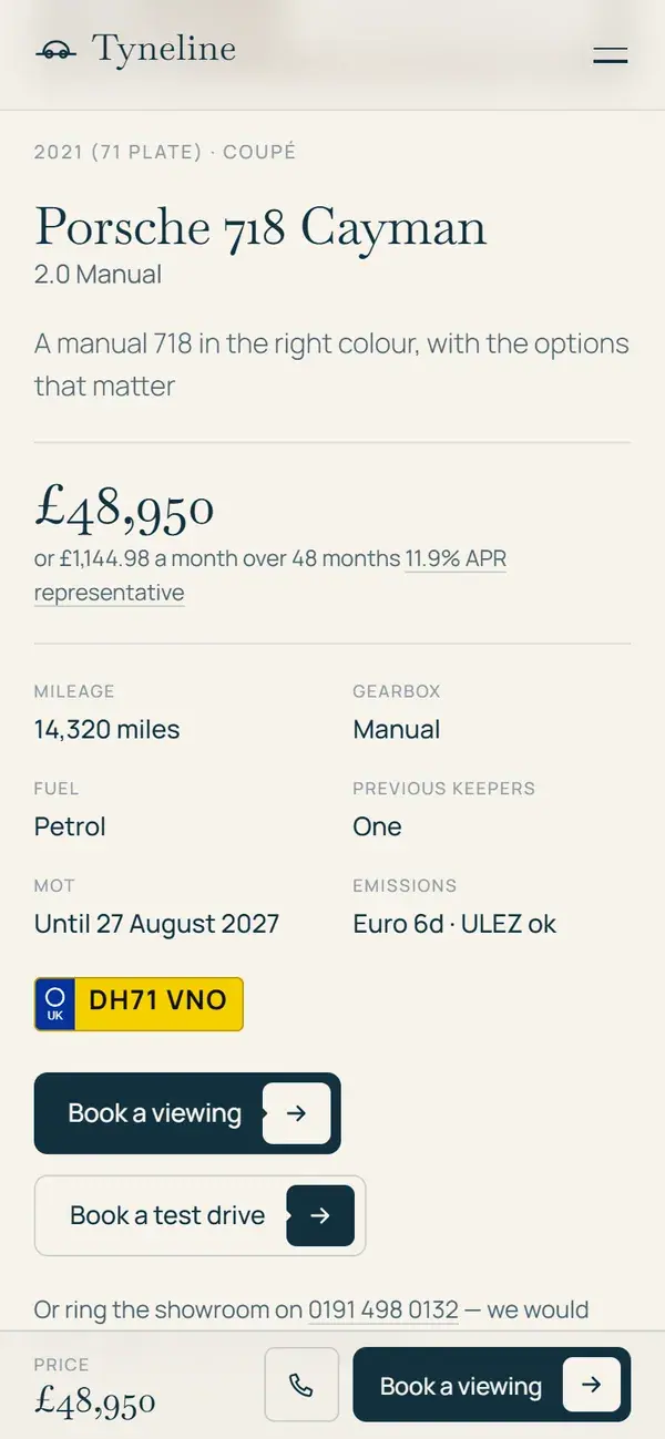 A vehicle page on a phone with the price and Book a viewing control fixed to the foot of the screen
