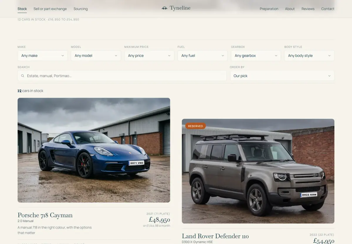 The Tyneline stock catalogue: six filters on one row above large staggered vehicle cards for a Porsche 718 Cayman and a Land Rover Defender 110