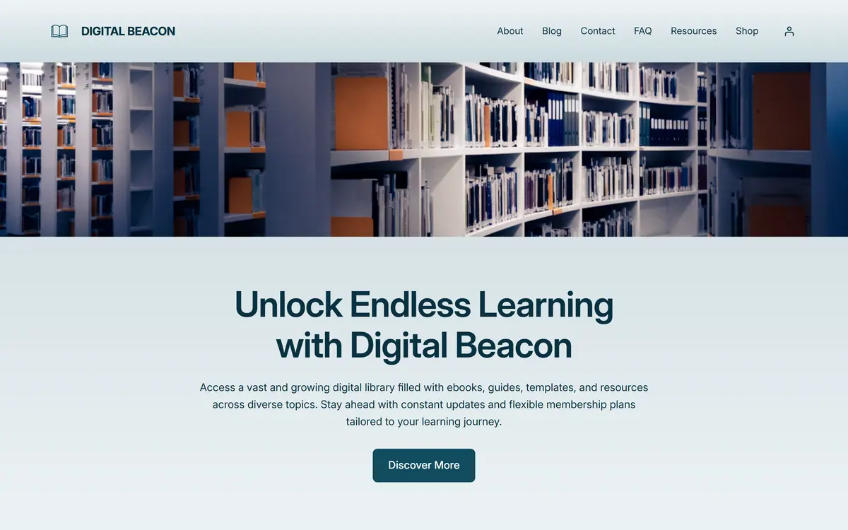 The old Digital Beacon homepage on a desktop: a stock photograph of library shelves above the heading Unlock Endless Learning with Digital Beacon and a Discover More button
