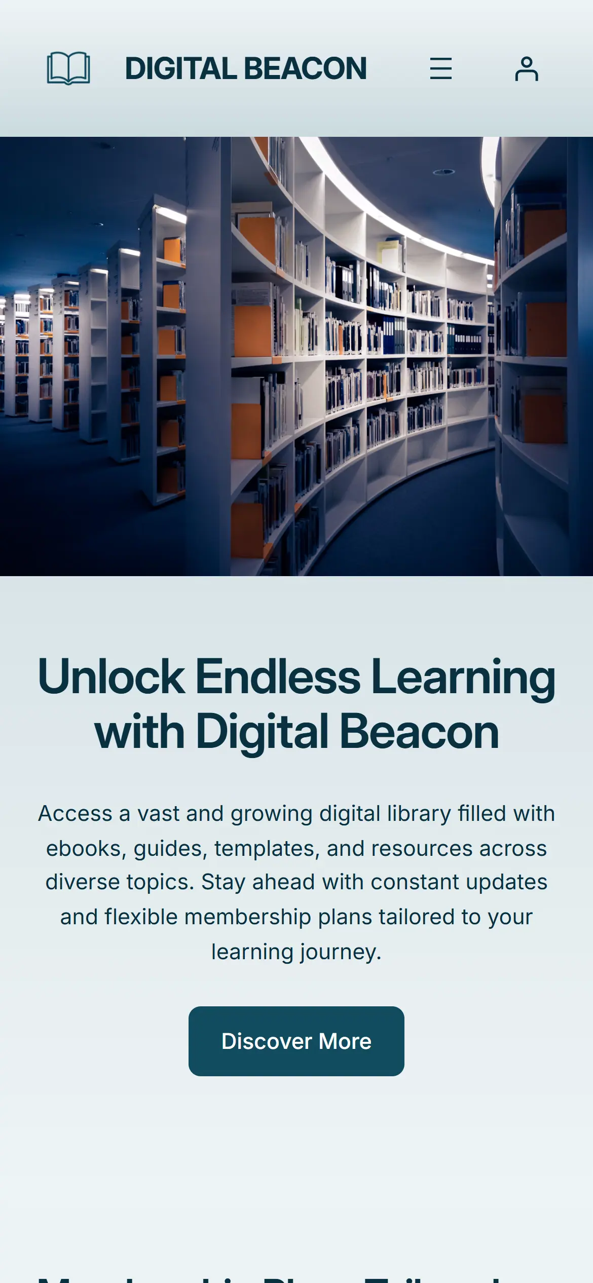 The old Digital Beacon homepage on a phone: a stock photograph of library shelves above the heading Unlock Endless Learning