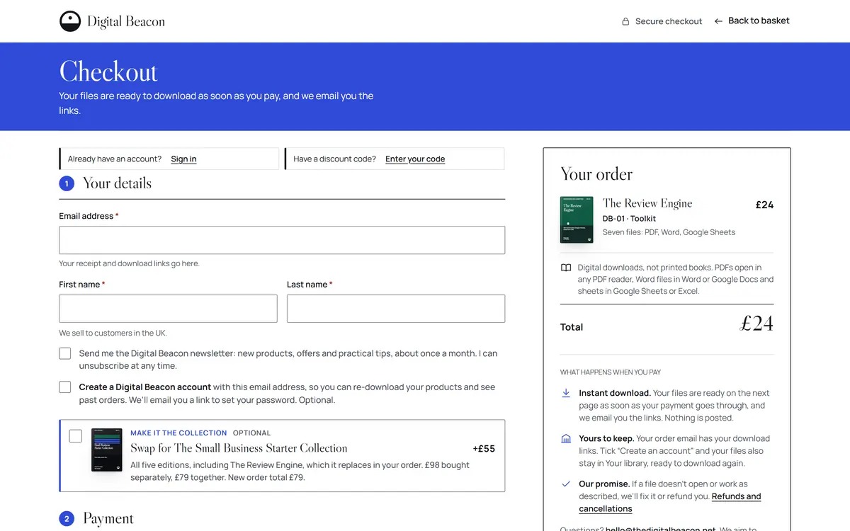 The Digital Beacon checkout on a desktop: a cobalt header, a details form and an order summary for The Review Engine at £24
