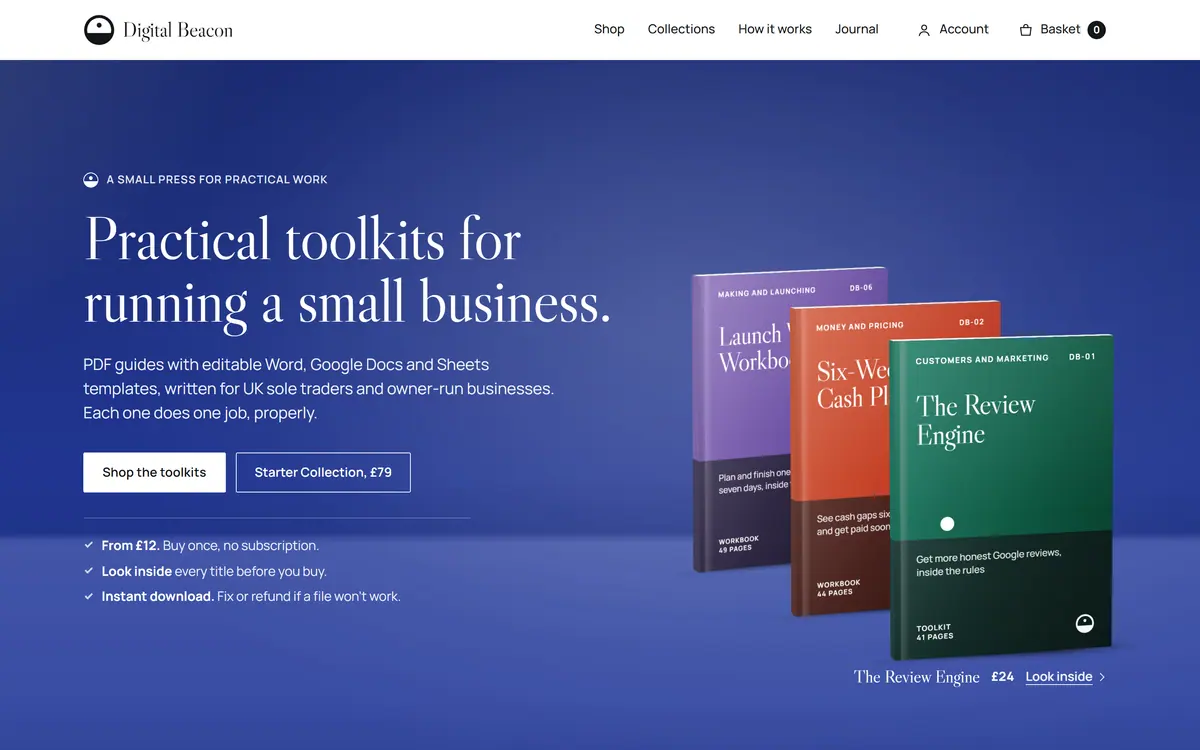 The new Digital Beacon homepage on a desktop: the heading Practical toolkits for running a small business beside three books in studio light on a cobalt background