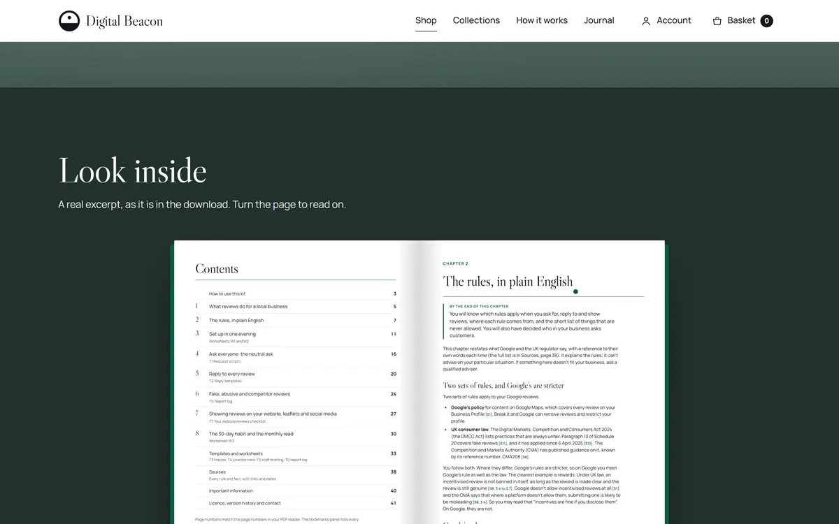 The Look Inside reader on a desktop: an open book showing the contents page and the first chapter of The Review Engine
