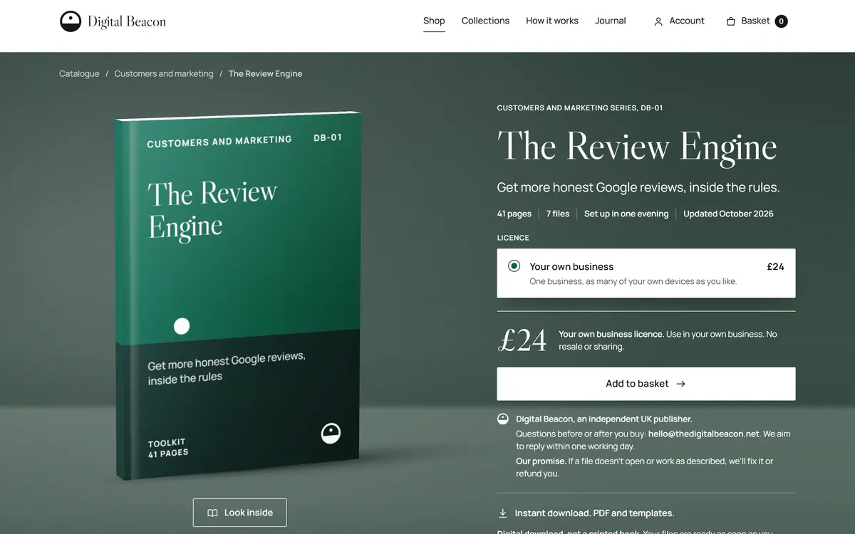 The Review Engine product page on a desktop: a green book lit like a studio shot on a muted green backdrop, beside the title, the licence, the price of £24 and an Add to basket button