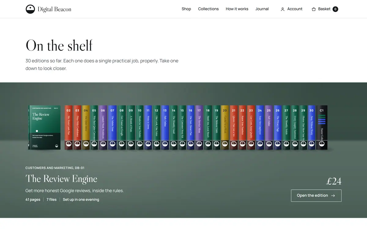 The homepage shelf with The Review Engine pulled forward and the stage behind the books in the green of the customers and marketing series