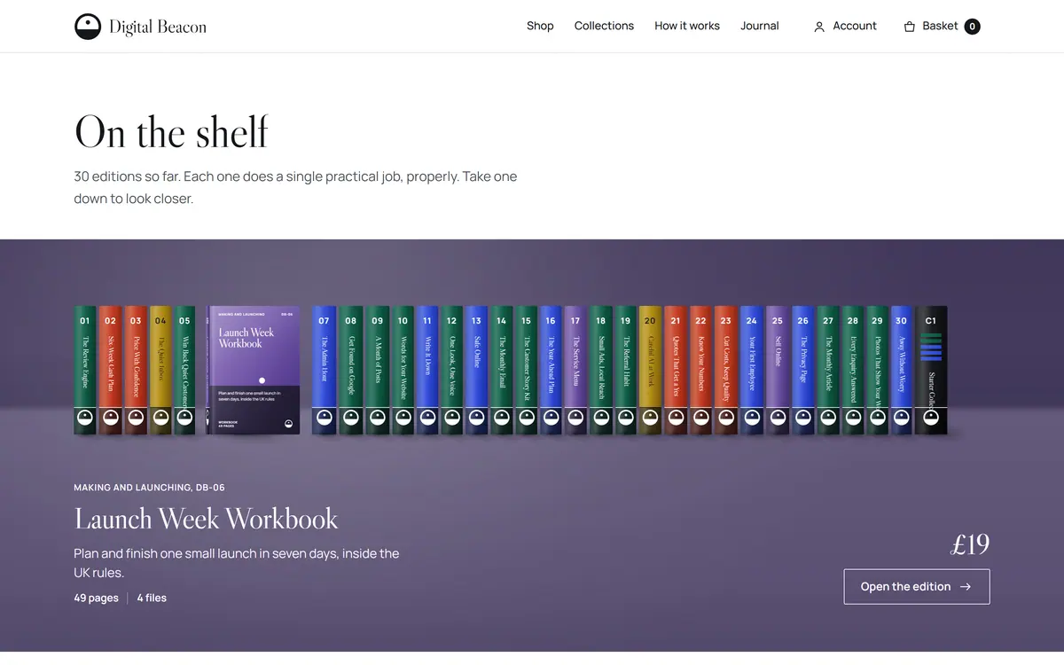 The same shelf with Launch Week Workbook pulled forward and the stage behind the books turned purple for the making and launching series