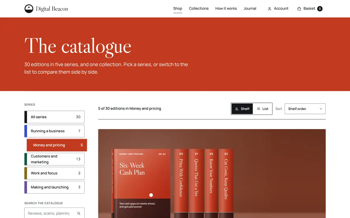 The catalogue filtered to the money and pricing series: a red page header above the series list and red books on a studio shelf