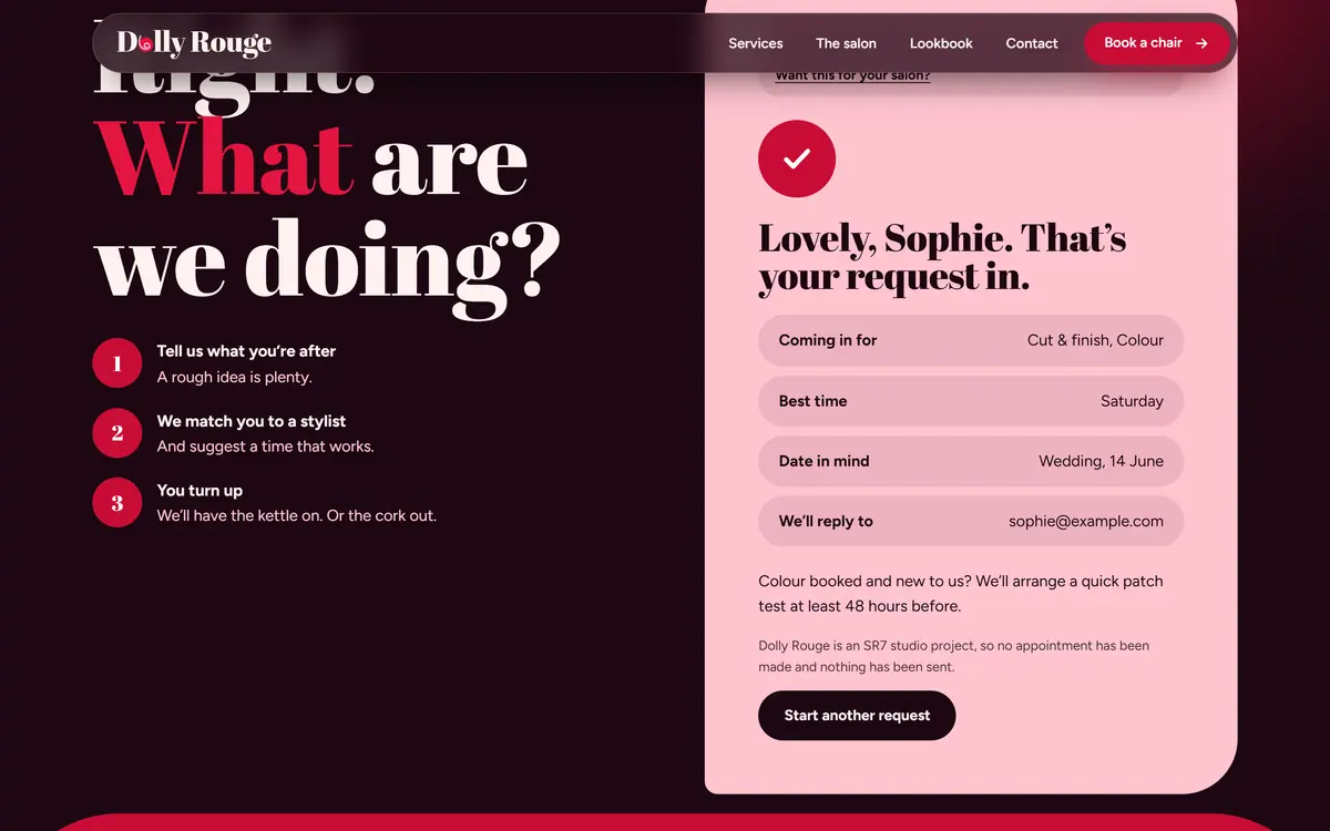 The booking confirmation: a tick, Lovely, Sophie. That’s your request in, and a summary of the services, time, date and email