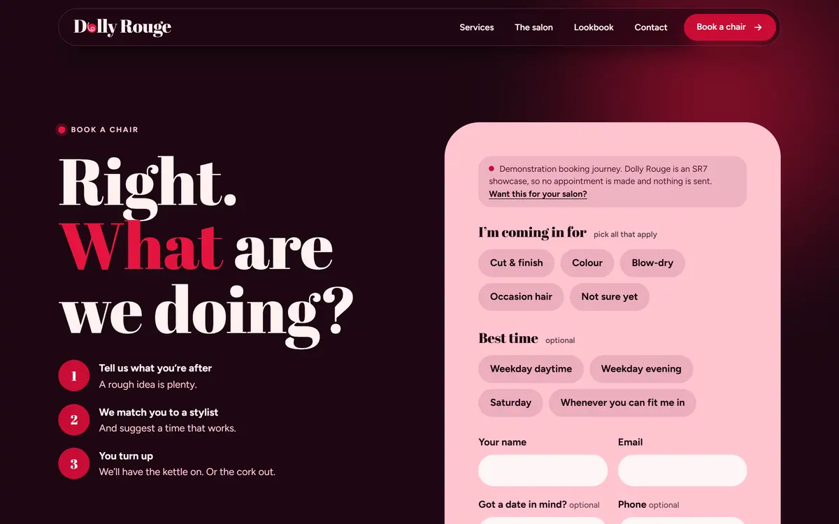 The Dolly Rouge booking page: the headline Right. What are we doing? beside a blush form card with a demonstration notice, service chips, best time chips, name and email