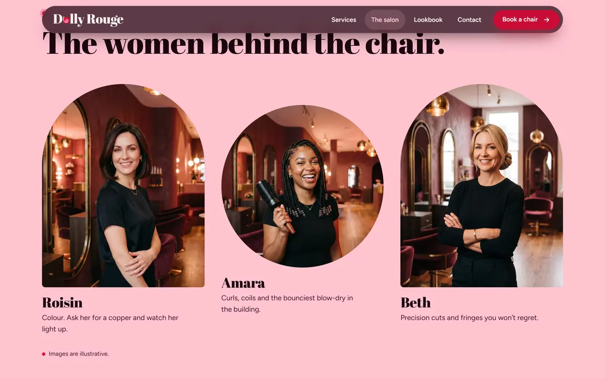 The stylists on the salon page: three portraits in an arch, a circle and an arch, named Roisin, Amara and Beth, with a line about what each is known for