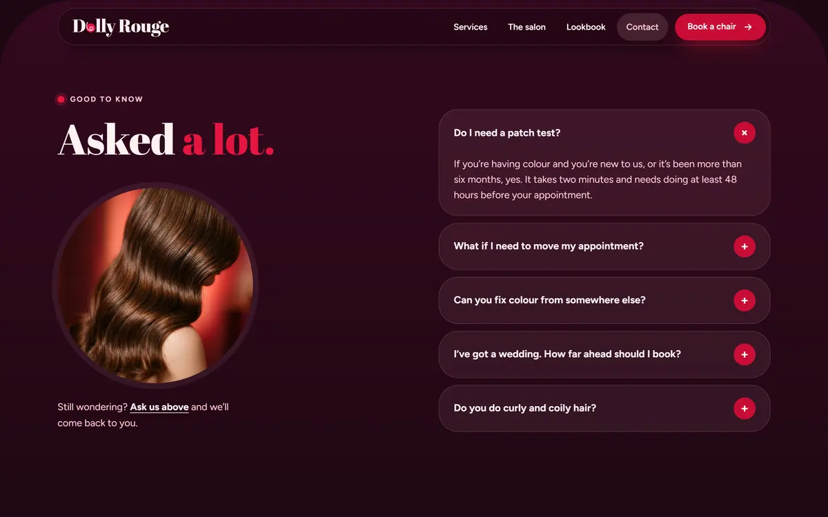 The contact page questions: Asked a lot, a round photograph of glossy waves and five expandable questions, the first one open