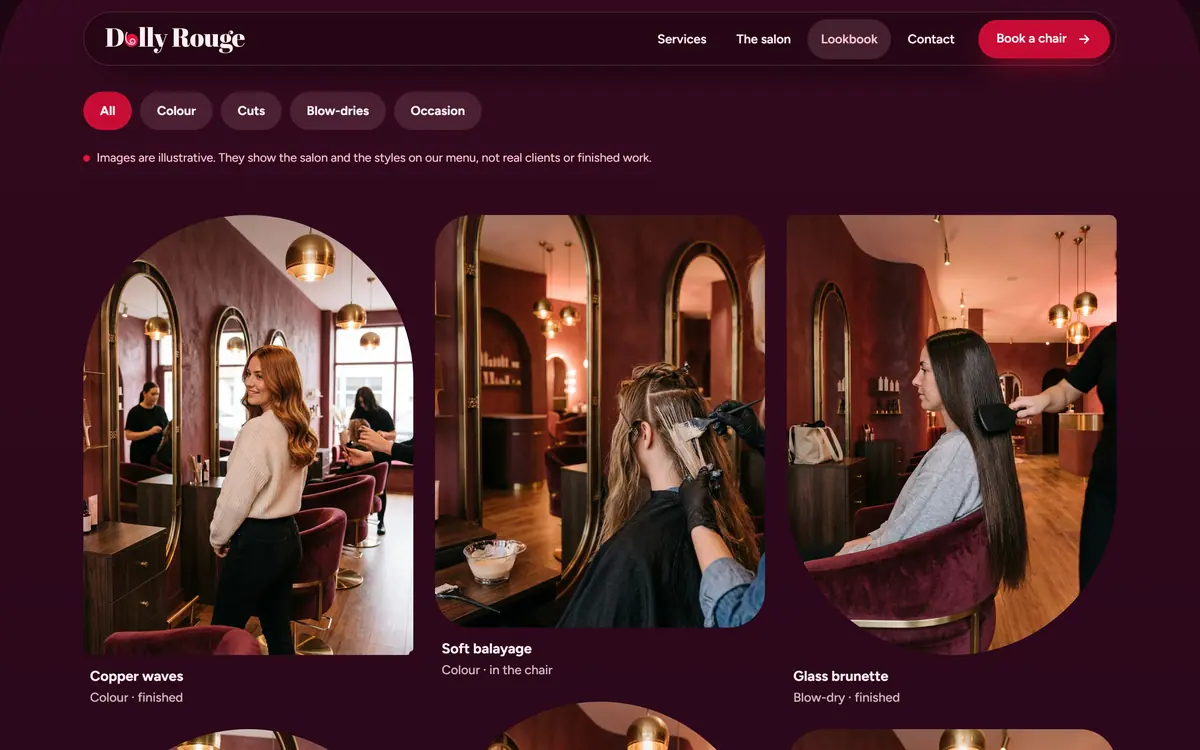 The Dolly Rouge lookbook on a desktop screen: filter chips for all, colour, cuts, blow-dries and occasion above arched and round photographs set in the same salon