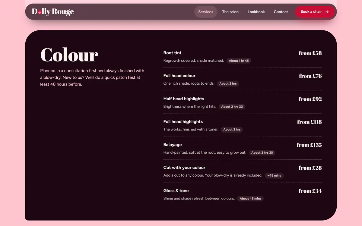 The Dolly Rouge colour menu on a wine card: root tint, full head colour, half and full head highlights, balayage, cut with your colour and gloss and tone, each with a price and a timing