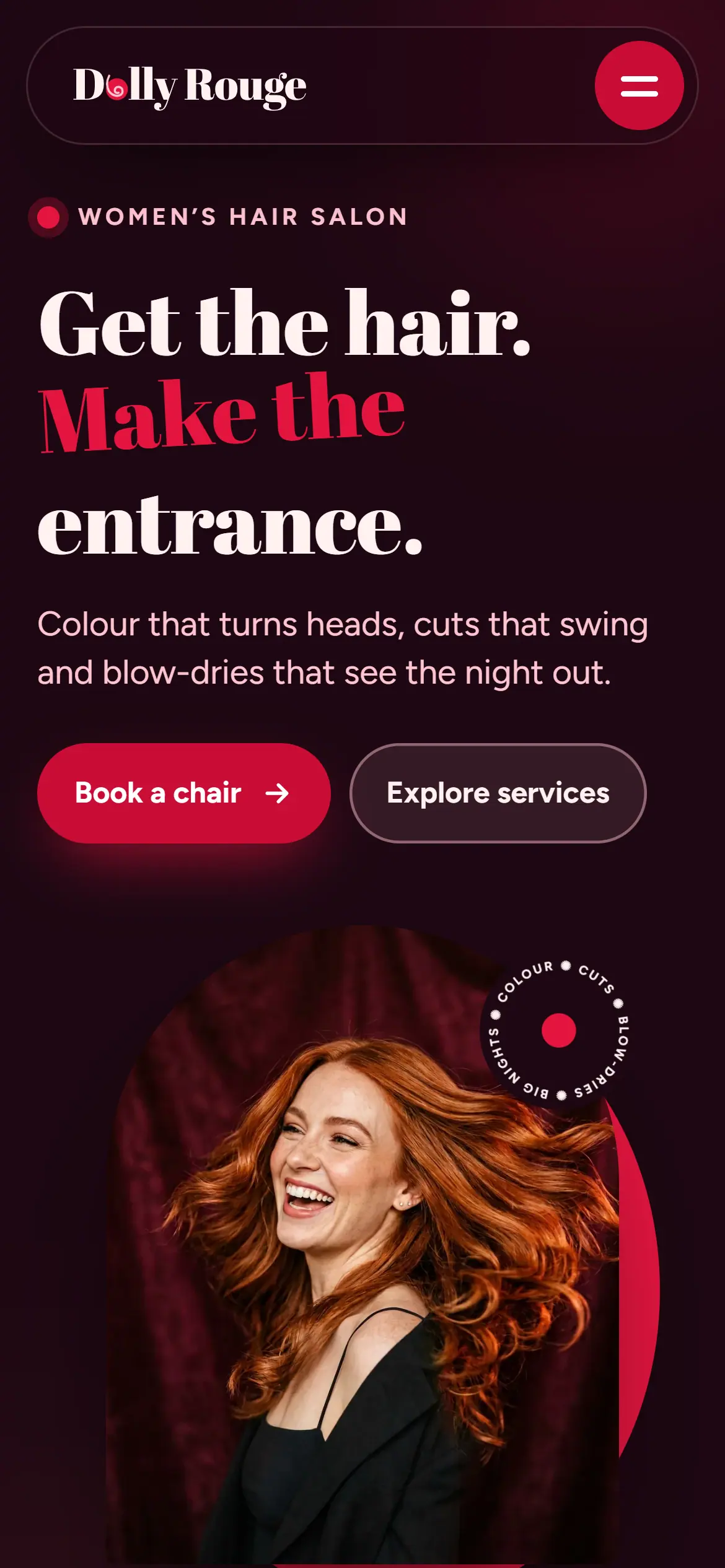 The Dolly Rouge homepage on a phone: the headline, a line of description and two buttons side by side above the hero photograph