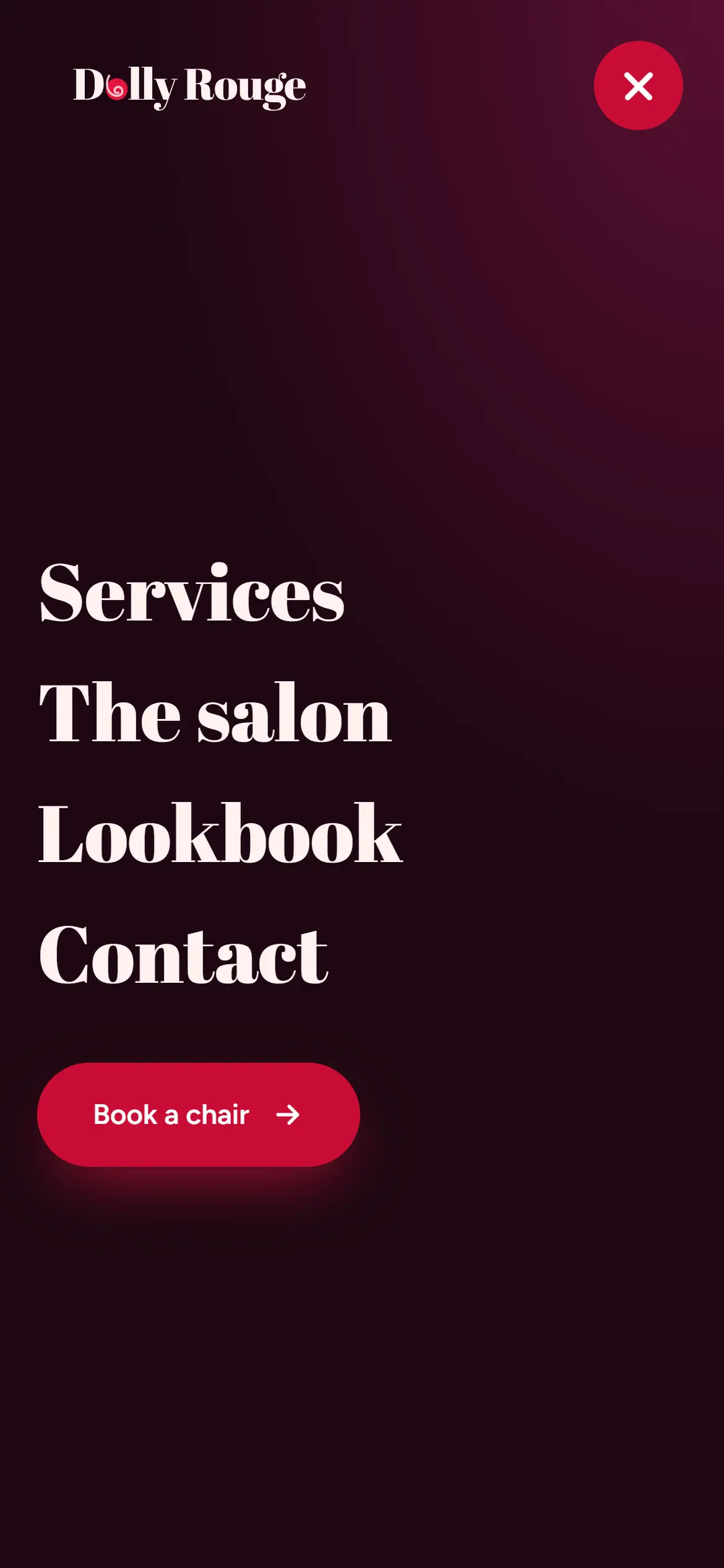 The Dolly Rouge phone menu open: a full-screen wine panel with Services, The salon, Lookbook and Contact in large type and a Book a chair button