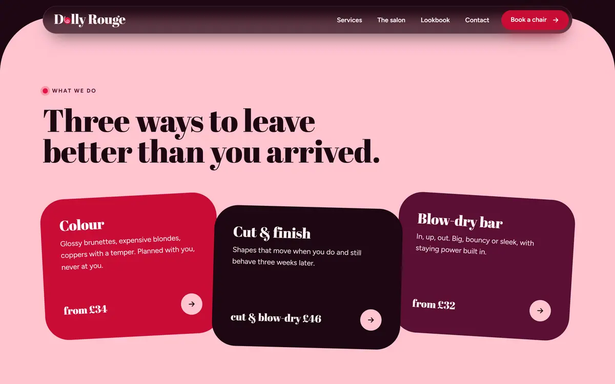 The What we do section on blush pink: three tilted overlapping cards for colour, cut and finish, and the blow-dry bar, each with a from price and an arrow