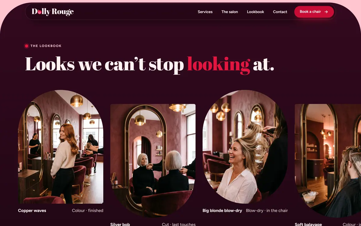 The homepage lookbook rail: arched and round photographs of clients in the salon with captions such as Copper waves and Silver bob