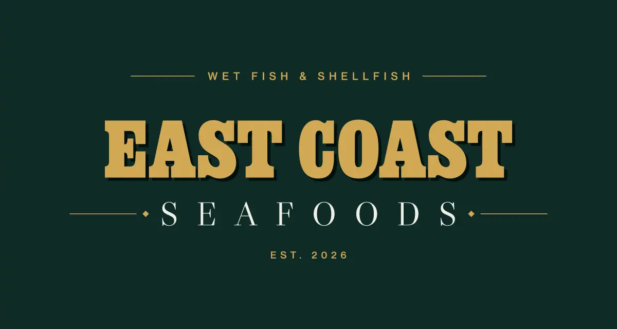 The East Coast Seafoods logo: gold EAST COAST lettering with a block shade over cream SEAFOODS on harbour green