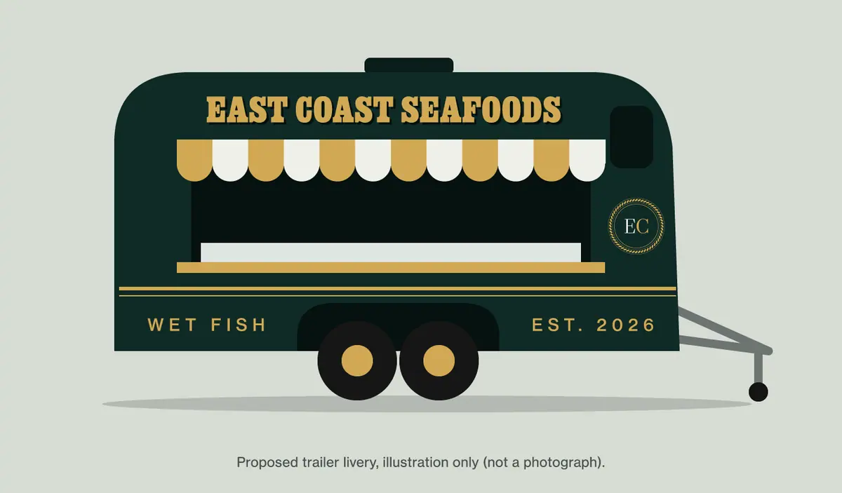An illustration of the converted horse trailer in green and gold East Coast Seafoods livery