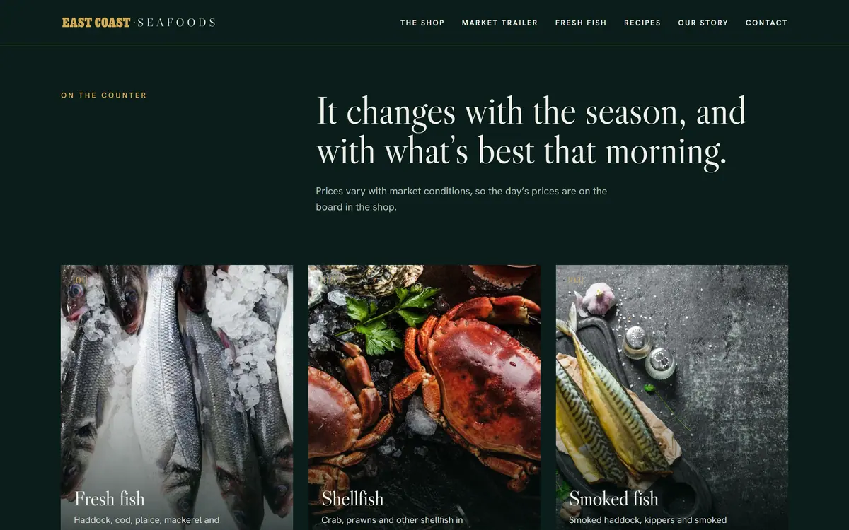 The On the counter section of the East Coast Seafoods website with fresh fish, shellfish and smoked fish