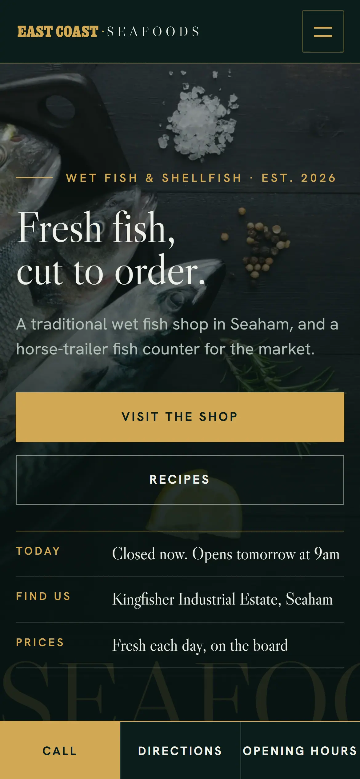 East Coast Seafoods homepage on a phone