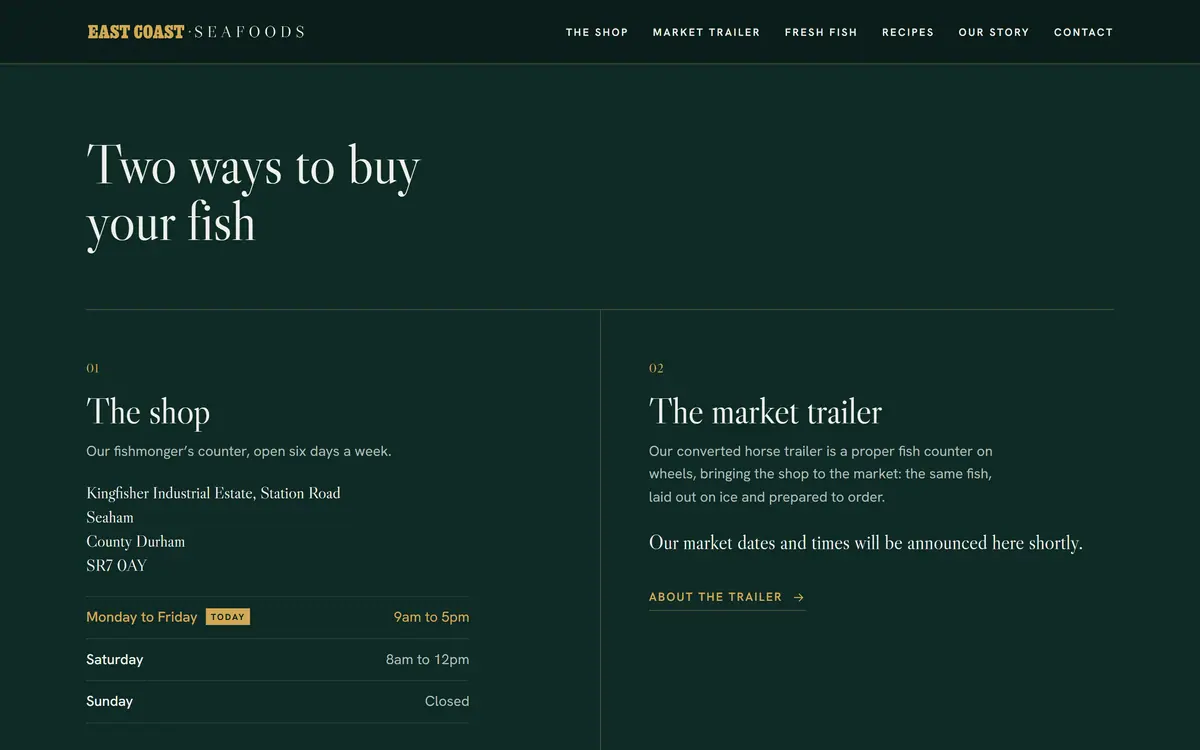 The shop and market trailer boards on the East Coast Seafoods homepage