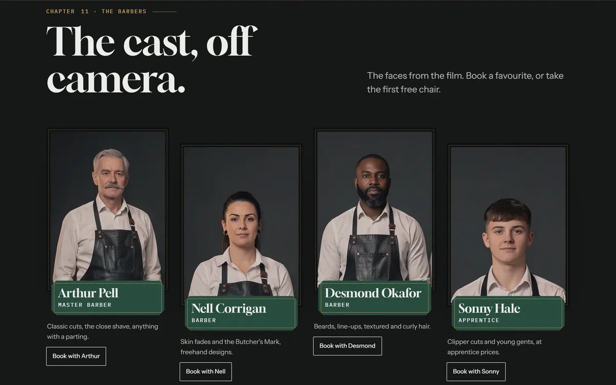 The barbers section: four portraits of barbers in aprons, each with a name, a role, a line about their work and a book button