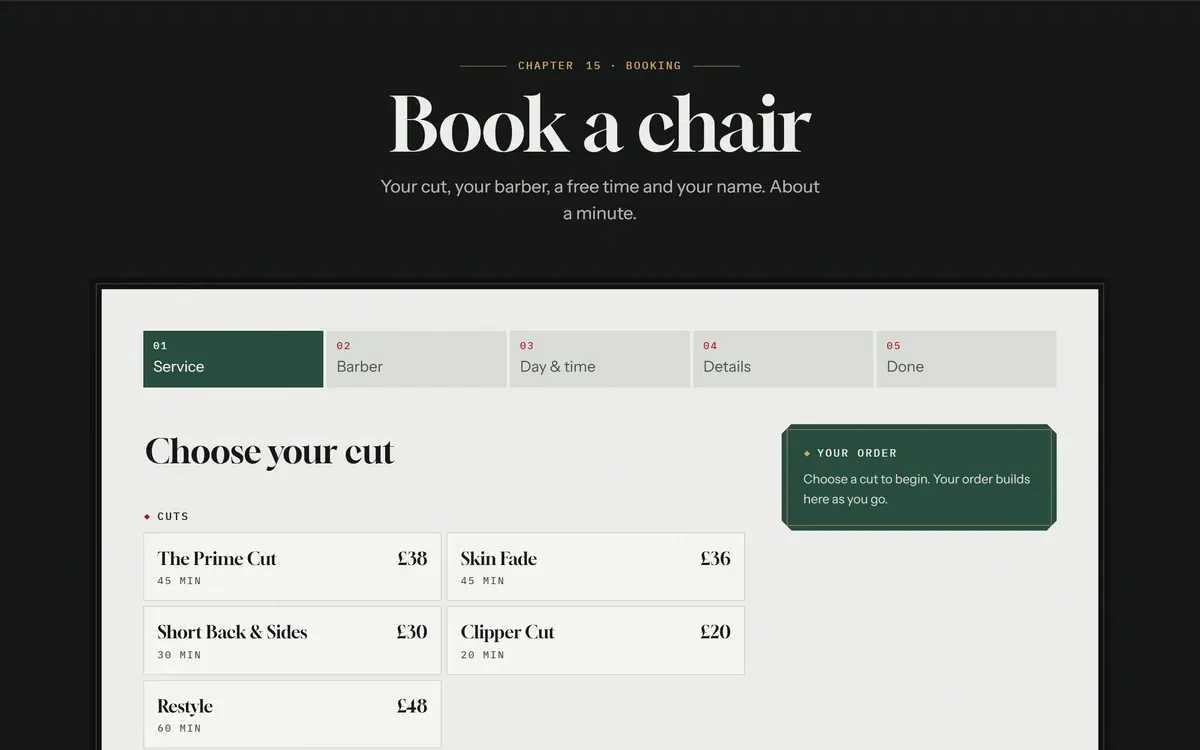 The booking flow on a desktop screen: five numbered steps, a list of cuts with prices and an order panel