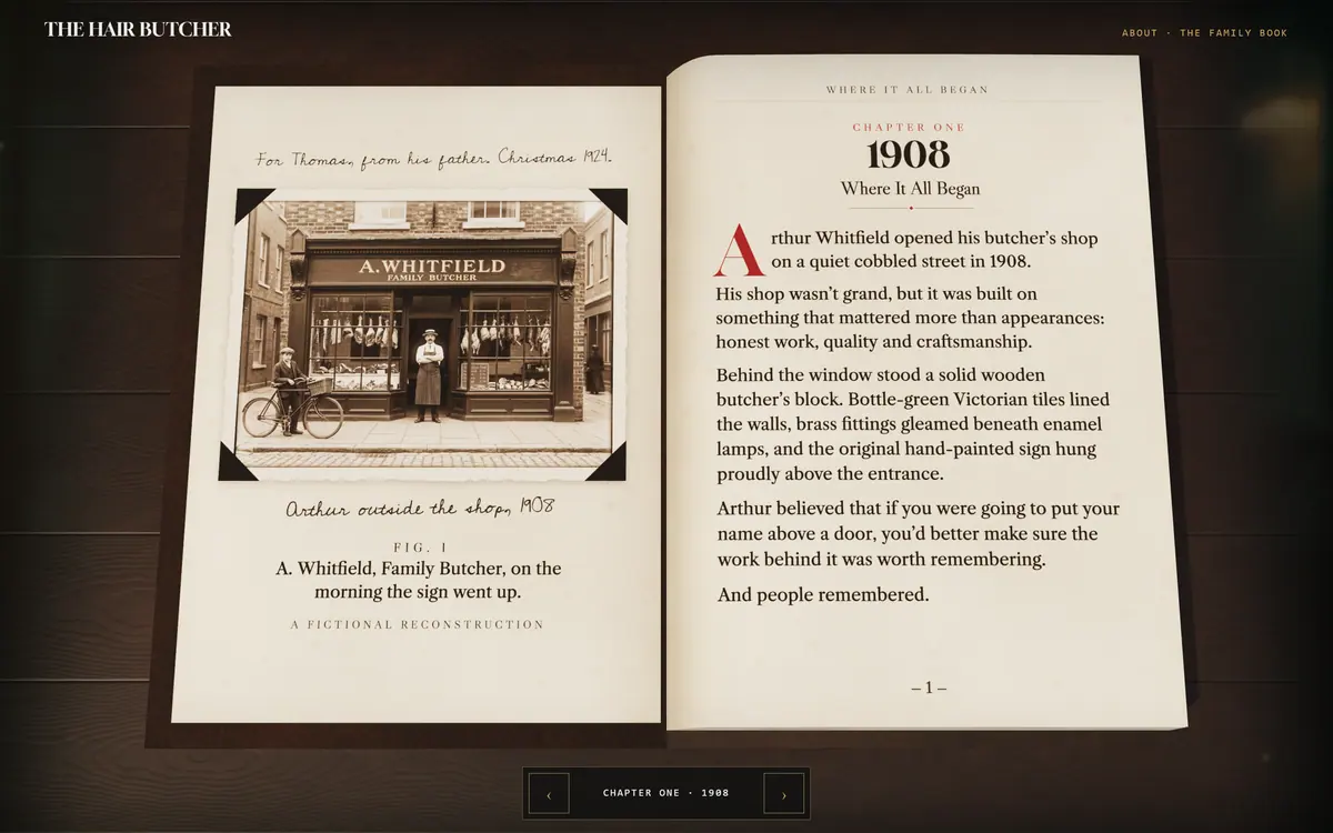 The open family book: an archive-style photograph of A. Whitfield, Family Butcher, beside a typeset page headed 1908, Where It All Began