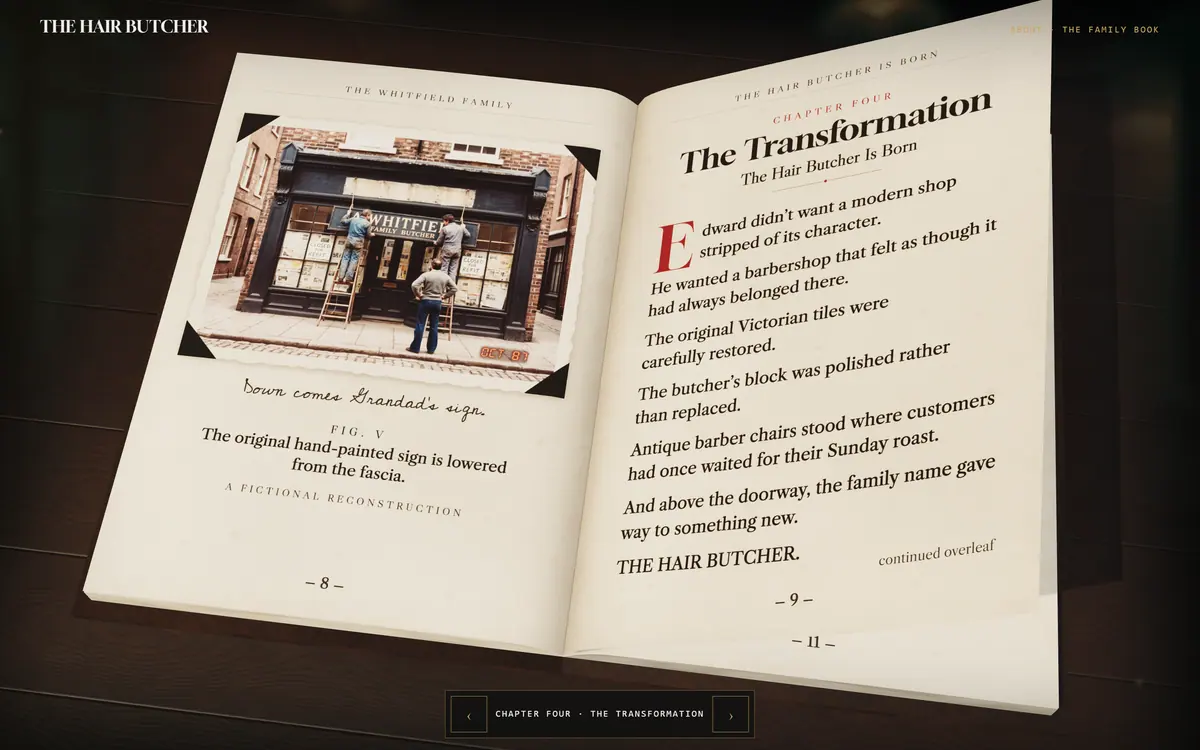 The family book turned to The Transformation, with a photograph of the shop sign being changed