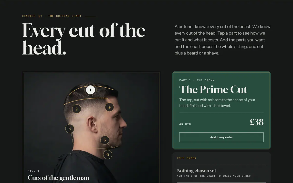 The cutting chart on a desktop screen: a man’s head in profile with six numbered parts and a green card for The Prime Cut at £38