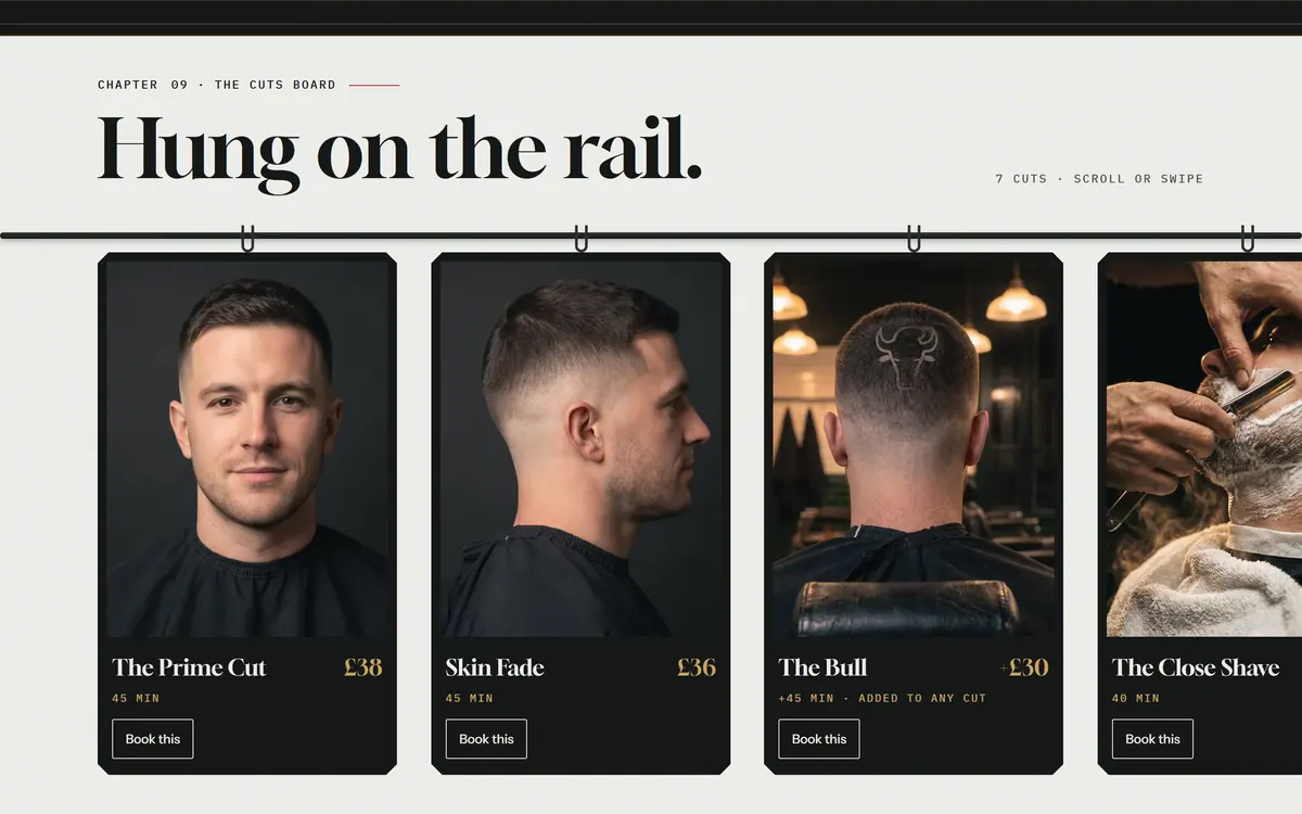 The cuts carousel: portrait cards for The Prime Cut, Skin Fade, The Bull and The Close Shave hung from hooks on a rail, each with a price and a Book this button