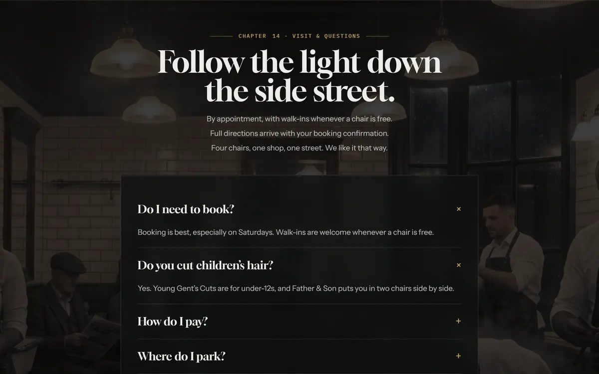 The visit and questions section: the headline Follow the light down the side street above a list of expandable questions